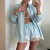 New summer models, European and American women's clothing, fashionable and casual solid color lace splicing shorts set