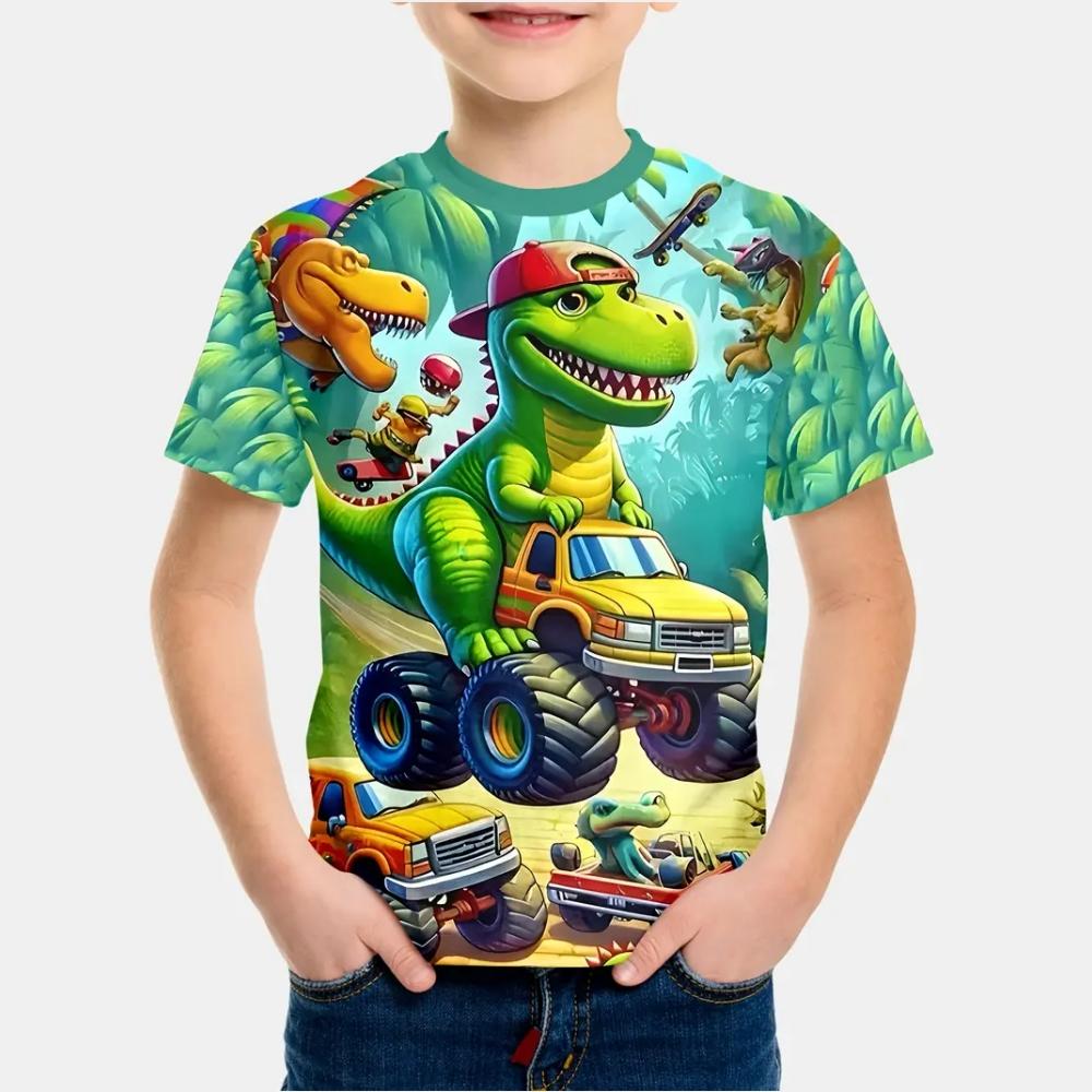 Kids Boy Clothes 3D Cartoon Dinosaur Graphic T Shirts Fun Children's Clothing Summer Crew Neck Short Sleeves T-Shirts for Boys