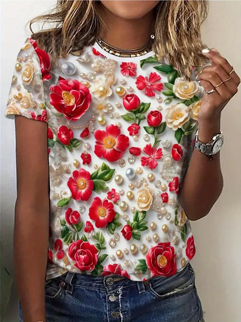Women's T Shirt Casual Short Sleeve Flower 3d Print T-Shirt Summer Fashion Street Loose O-Neck Pullover Female Clothing
