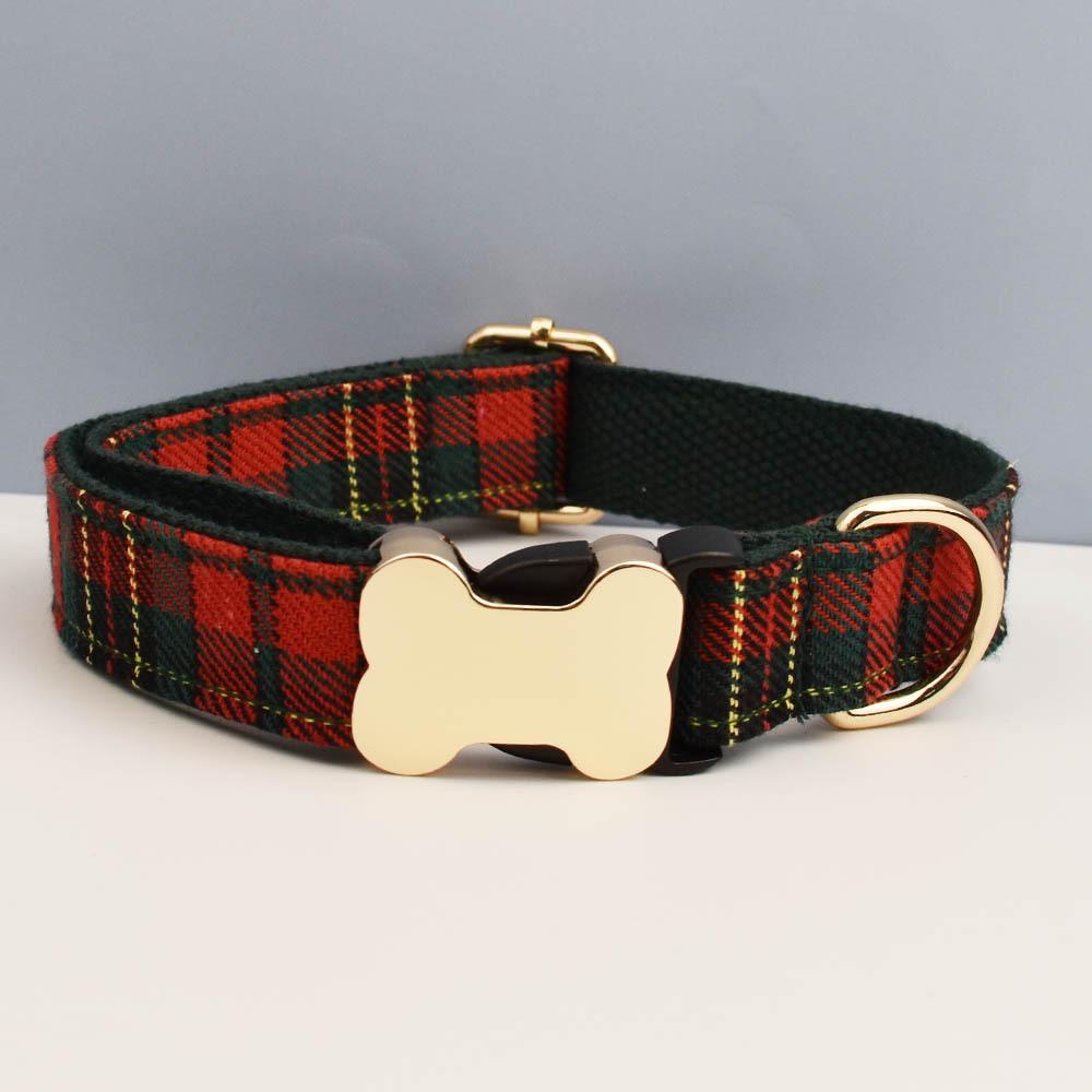 Pet Dog Collar With Grid Print Design And Bone Decor For Gift And Holiday