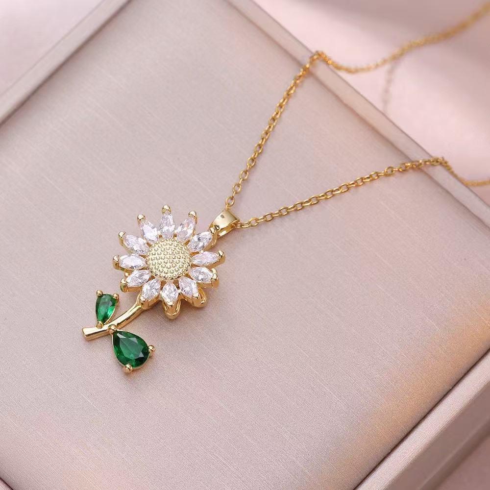 Japanese-Korean Style Sunflower Zircon Necklace & Earrings Set for Women