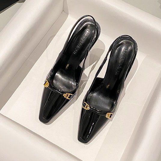 2025 autumn and winter new black patent leather sexy elastic back empty bag head sandals women's thin heel square head high heels
