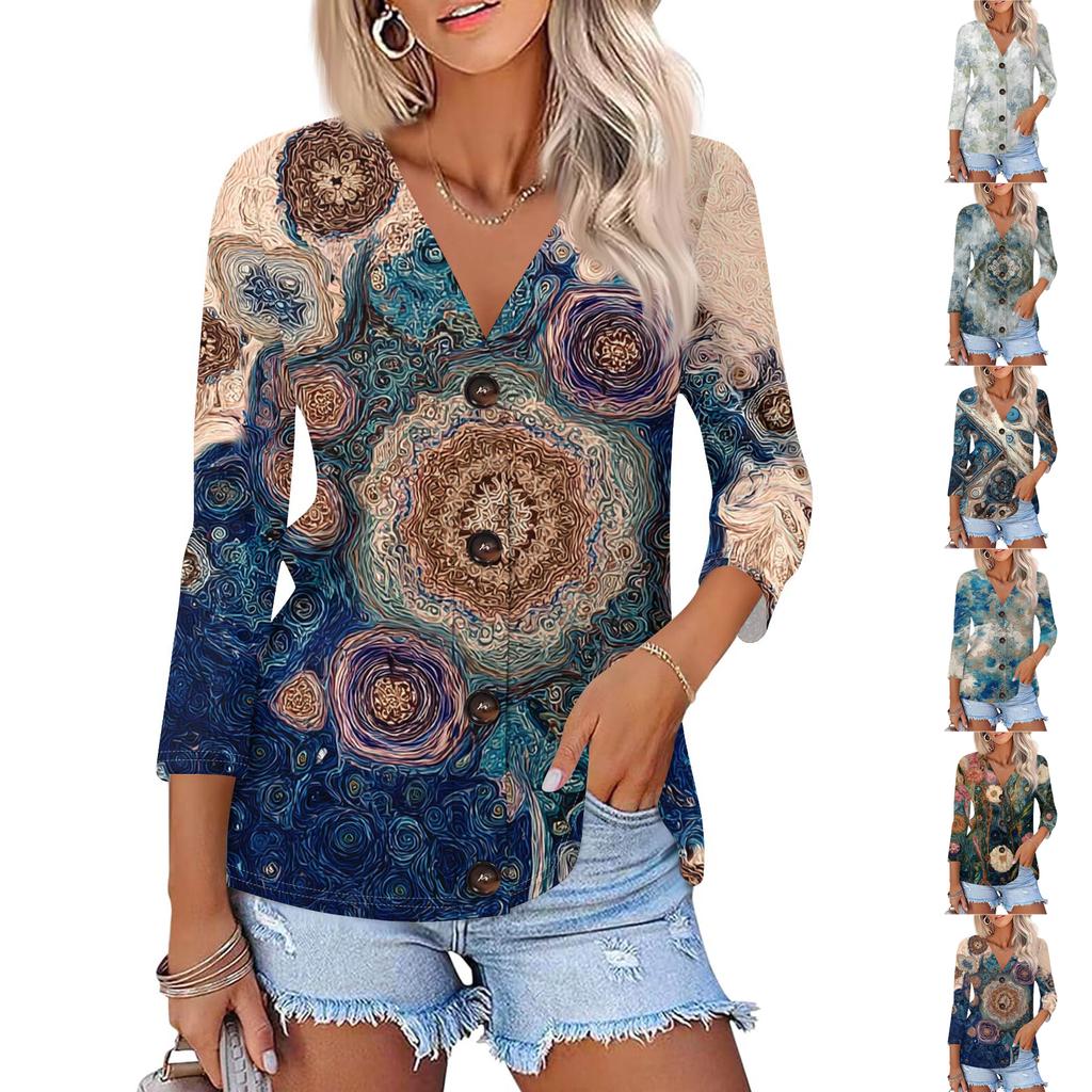 Women's Fashion Casual Printing Button-down Shirt 3/4 Long Sleeve Tops