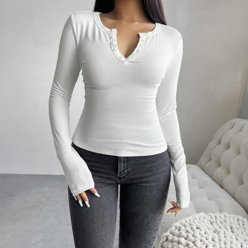 Women's 2024 Autumn and Winter Tops Y2K Temperament Slim V-neck Button Long-sleeved T-shirt