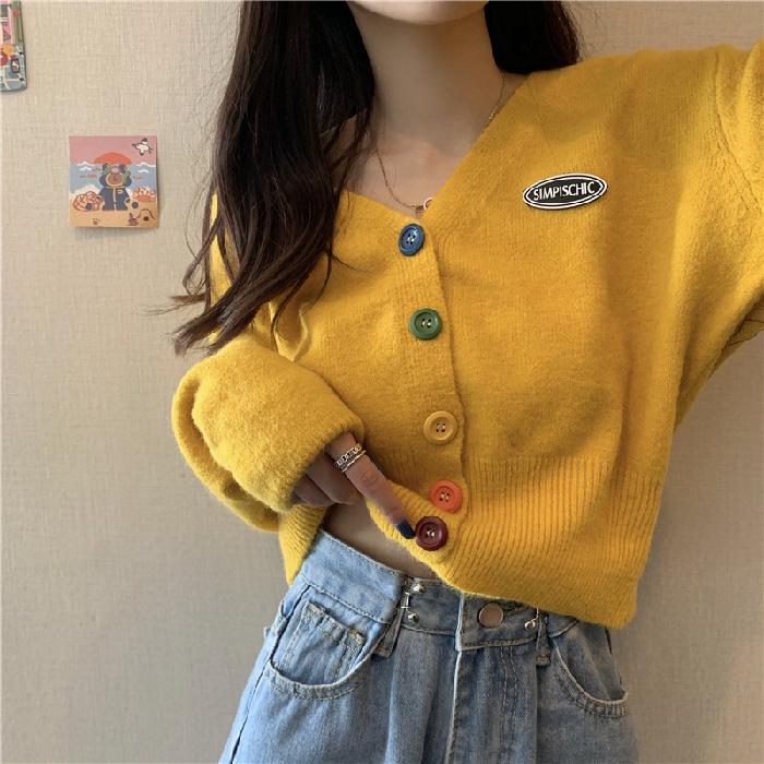 

Женский кардиган из мягкого трикотажа 2021 - Весенне-осенне-зимнее короткое пальто-свитер One Size жёлтый