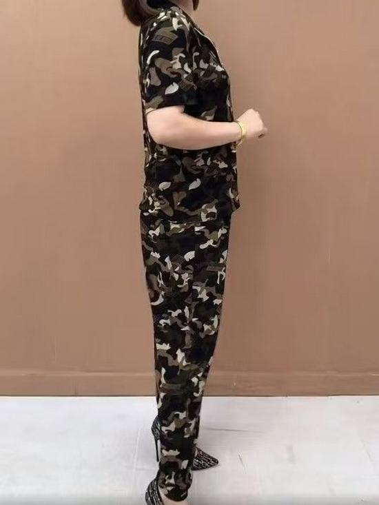 Plus Size Camouflage Summer Two-Piece Set: Short Sleeve Lapel Top & Sport Pants for Women