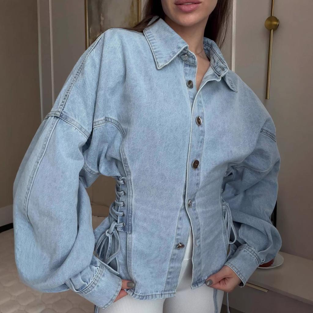 Damen Jeansjacke Revers Langarm Seitliche Schnürung Lässiger Jeansmantel Streetwear Oberteile