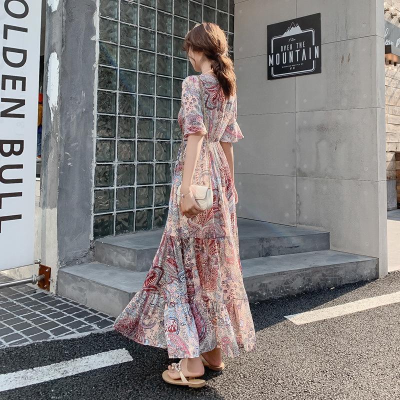 Summer New Dress Big Pendulum Dress Women's Floral Chiffon V-neck Abstract Design Five-quarter Sleeve High Waist Long Dress