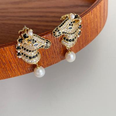 European Luxury Gold-Plated Brass Zebra Stud Earrings with Diamond Micro-Pave and Pearl Dangle for Women