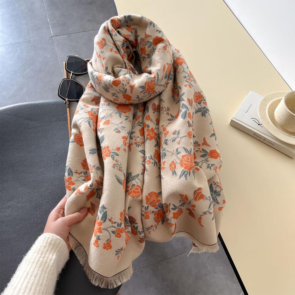 Winter Warmer Scarf For Women Elegant Thickened Tassel Pashmina Shawl Floral Faux Cashmere Warps Autumn Blanket For Daily Wear