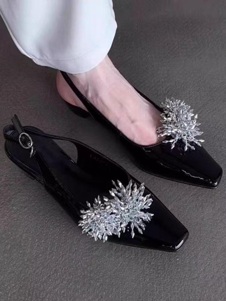 

Sheepskin version~ French new shallow mouth square head evening shoes femininity after fireworks empty trip belt bag head sandals women 40 чёрный