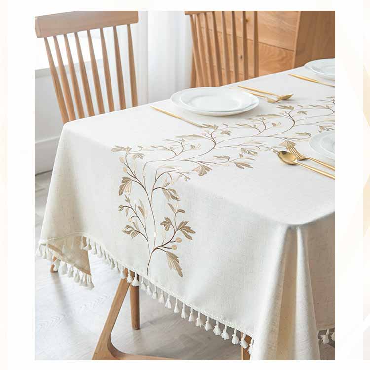 Nappe Brodée en Coton et Lin avec Pompons - Housse de Table Carrée Rectangulaire Ronde pour Table à Manger Table Basse Décoration de Maison