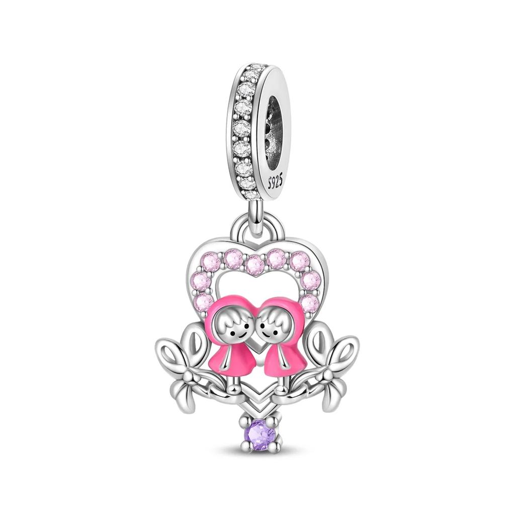 Copper Metal Sisters Friendship Series Pink Heart Charm Bead Component Forever Love Bead Components Compatible With Authentic Original Bracelet High