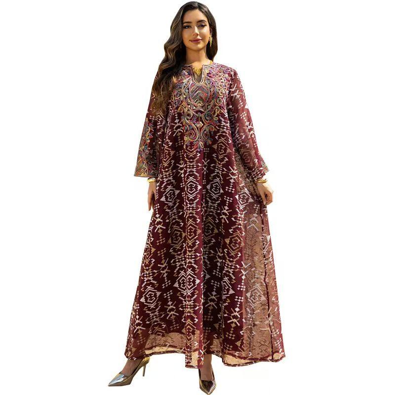 New Middle East Fashion Mesh Embroidery Embroidered Patchwork Robe Dress Mesh Embroidered Dress