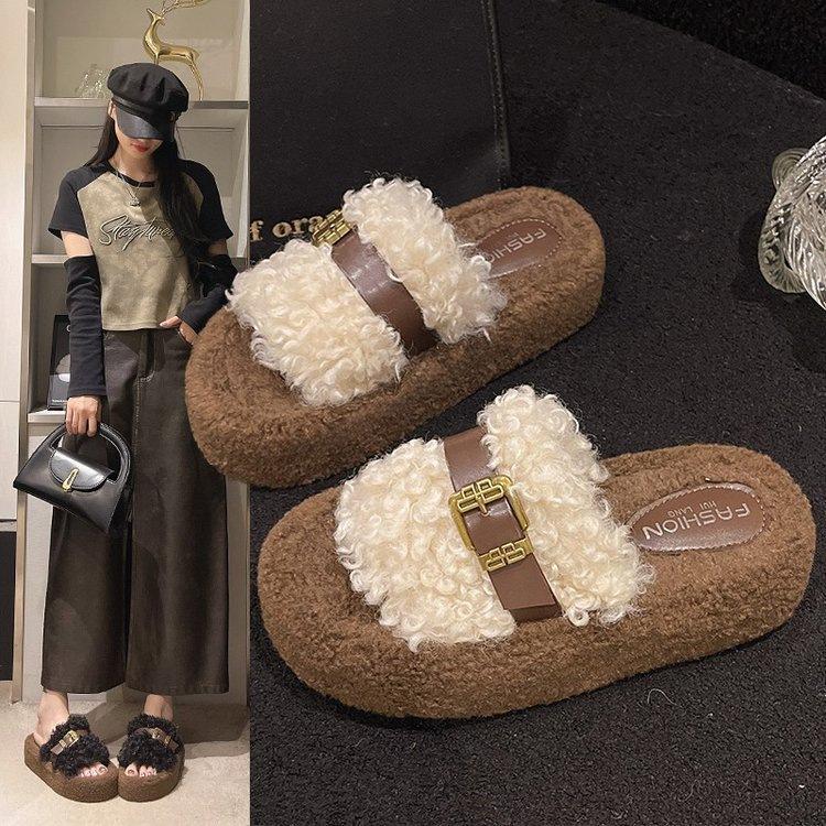 Thick-bottomed Fluffy Slippers Women's Outer Wear 2025 Autumn and Winter New Fashion Home Fluffy Muffin Warm Cotton Slippers