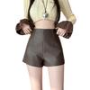 Women's Fall Winter High Waisted Bodycon Coffee PU Leather Shorts K-pop Style Outer Wear Base Straight Leg Pants Mini Shorts