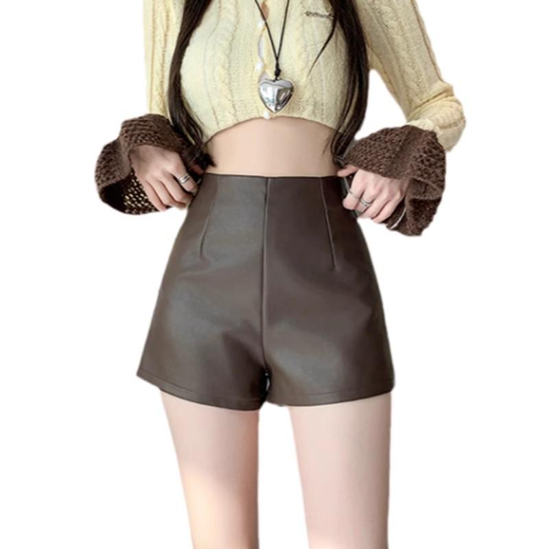 Women's Fall Winter High Waisted Bodycon Coffee PU Leather Shorts K-pop Style Outer Wear Base Straight Leg Pants Mini Shorts