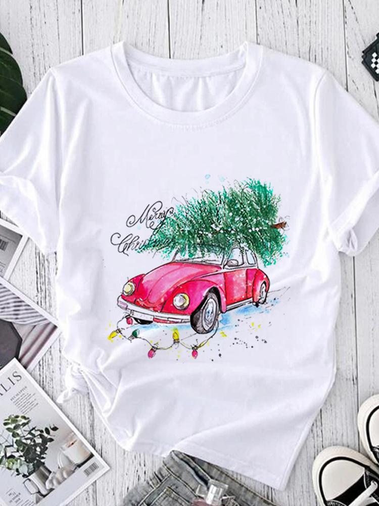 

Women Tees Graphic Cartoon Christmas Print Wear Vacation Tops Tees Ladies Short Sleeve 90S Summer Fashion Trend Tshirt T-Shirt S білий