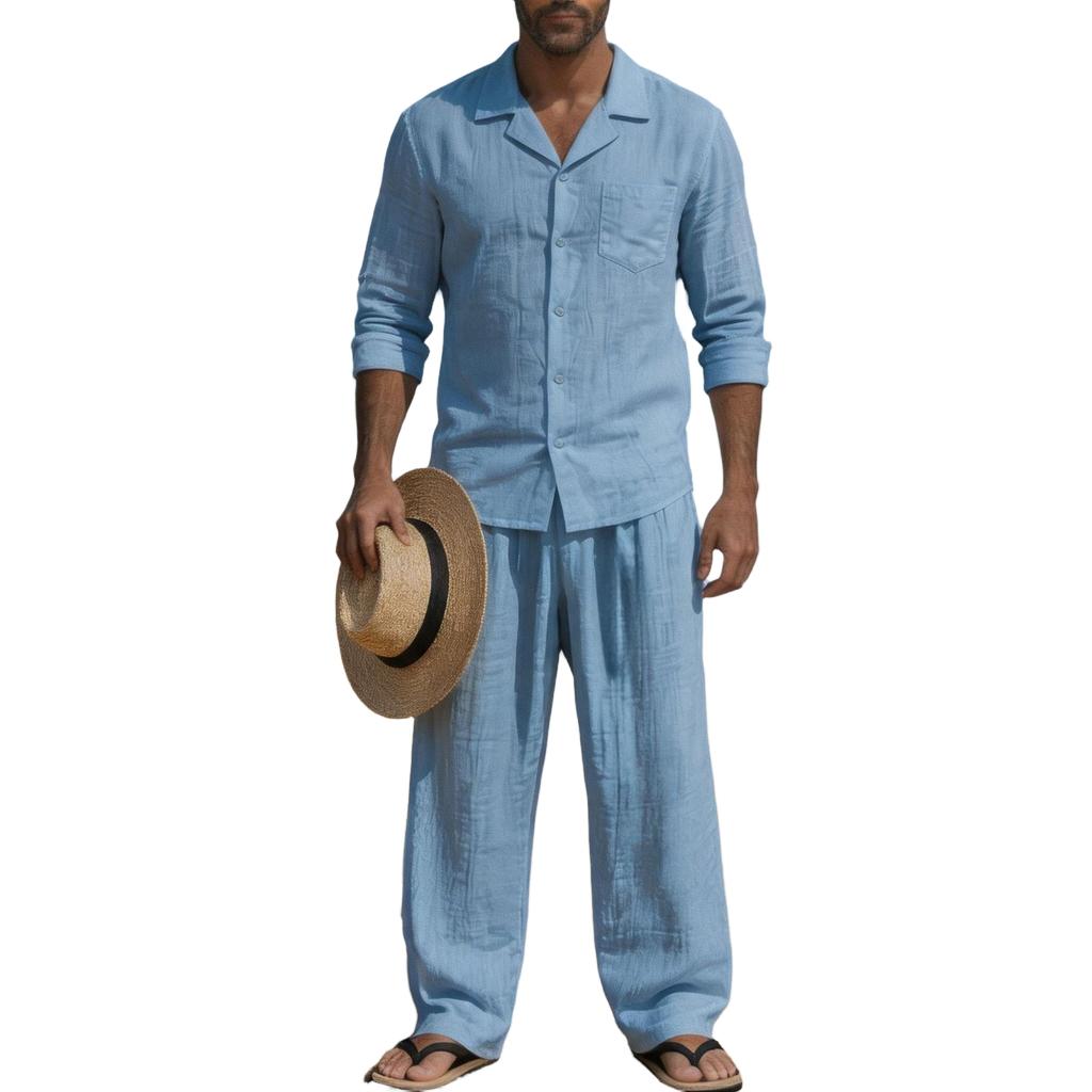 Men's Linen 2-Piece Set Long Sleeve Shirt and Pants Casual Loose Fit Breathable with Pockets