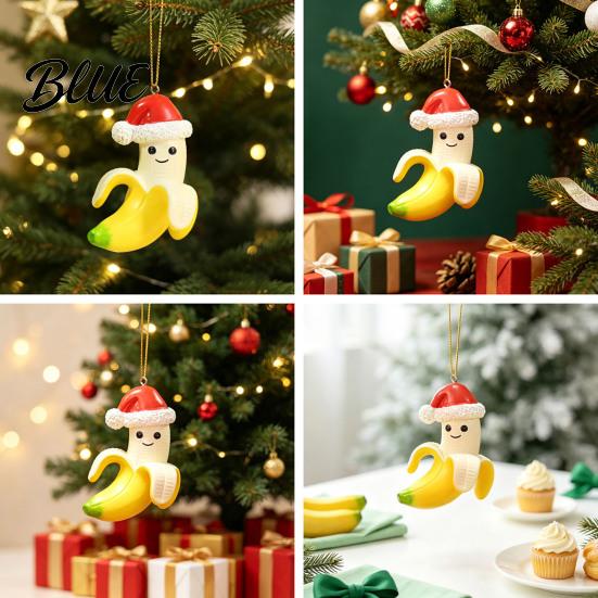Festive Party Decoration Banana Christmas Ornament with Red Hat 3D Anthropomorphic Figurine Synthetic Resin Pendant Hanging Lanyard Home