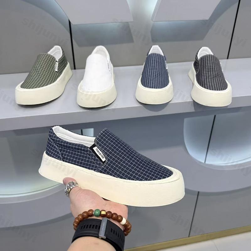 Men's Fashion Canvas Shoes 2025 Low-Top Thick-Heeled Slip-On Driving Lazy Shoes Casual Round Toe Breathable Summer Rubber Sole