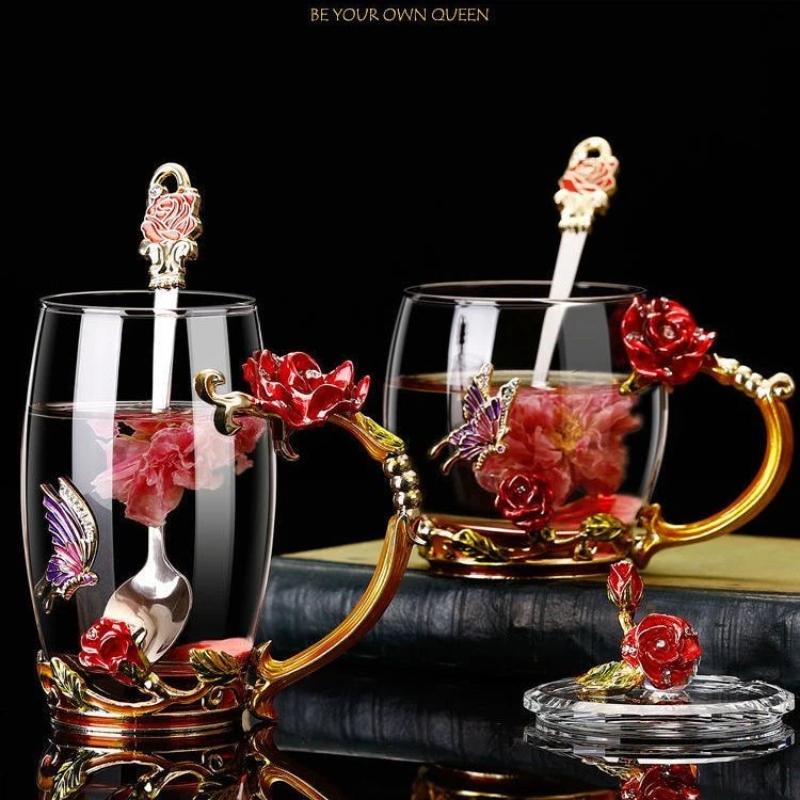 Uropean Enamel Rose Glass Cup Set with Hand-Carved Floral Design – Vintage Luxury Coffee & Tea Cups