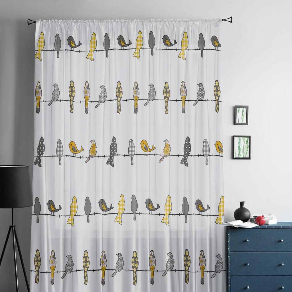 Bird Plaid Flower Yellow Orange Sheer Curtains For Living Room Bedroom Home Decor Kitchen Tulle For Windows Voile Drapes