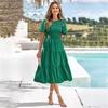 Casual Women s Summer Smocked Pleated Crew Neck Short Sleeve Midi Dress