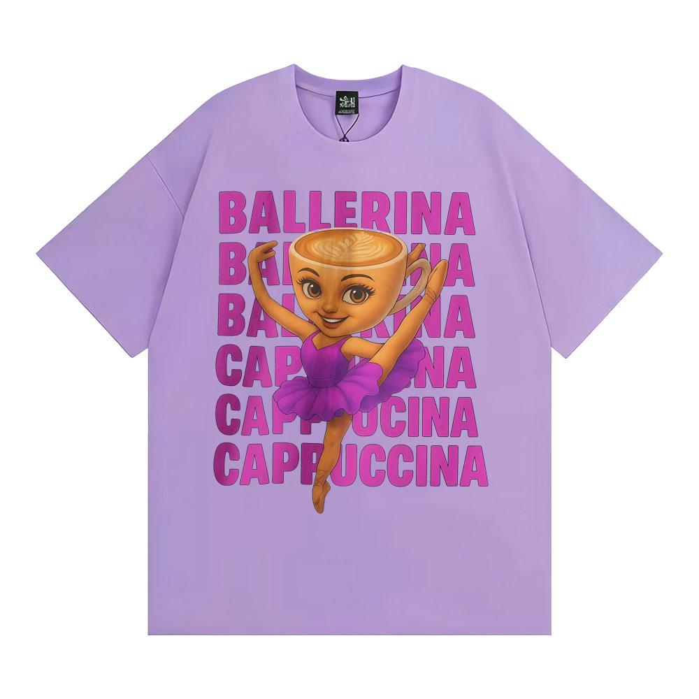 Funny Cute Coffee Ballerina Cappuccino T Shirt Fashion Kawaii Vintage Cartoon T-shirts Men Women Oversized Casual Cotton T-shirt