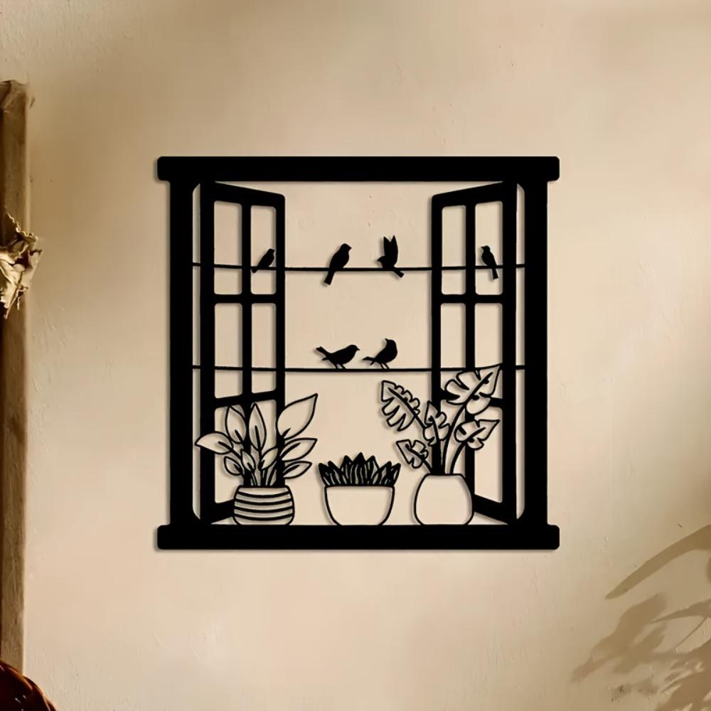 Wrought Iron Wall Art Bird Floral Window Design Metal Hanging Decor for Indoor Outdoor Garden Living Room Bedroom Gift