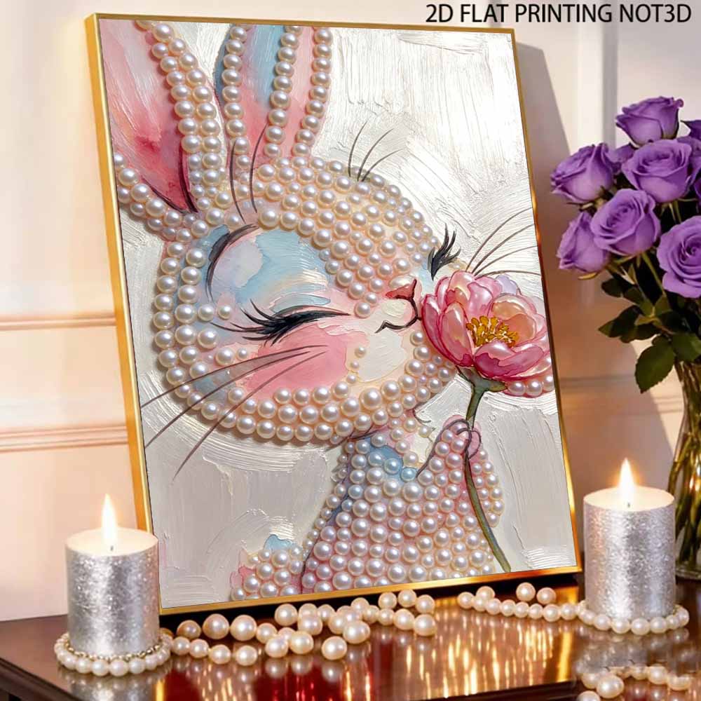 DIY Pearl Painting Canvas Bunny With Flower Design Shiny 3D Bead Art Kit Creative Leisure Craft for Living Room Wall Decor