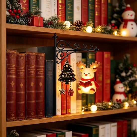Unique Office Desk Decor Christmas Book Shelf Light, Iron Bookend Night Lamp with Santa Cozy Reading Corner Reindeer Snowman, Warm Glow Tabletop
