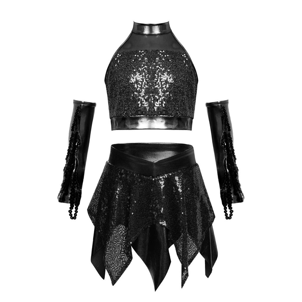 חולצת בטן נוצצת עם פאייטים לבנות, חצאית א-סימטרית עם שוליים משולשים, כפפות, תלבושת ריקודי ג'אז לבנות