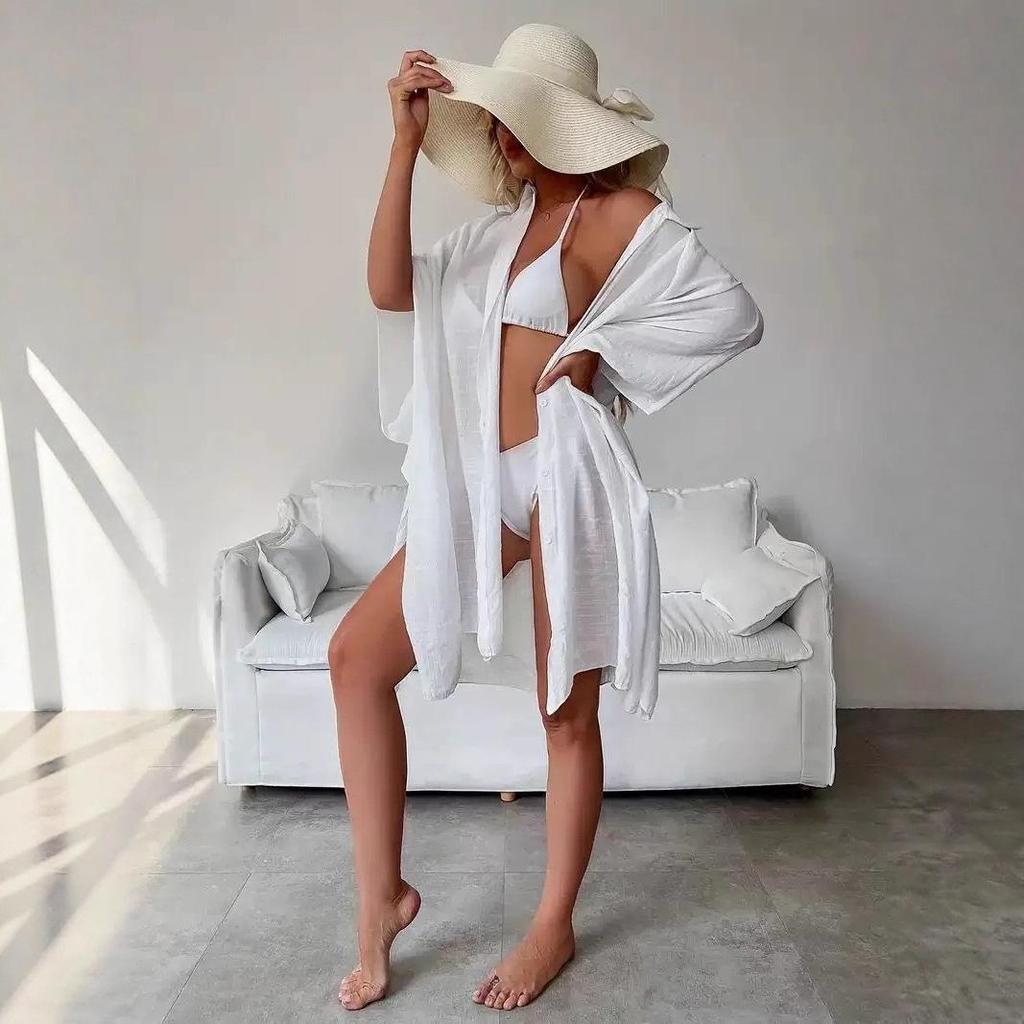 Bamboo Cotton Solid Beachwear Cover-up Cardigan Dress