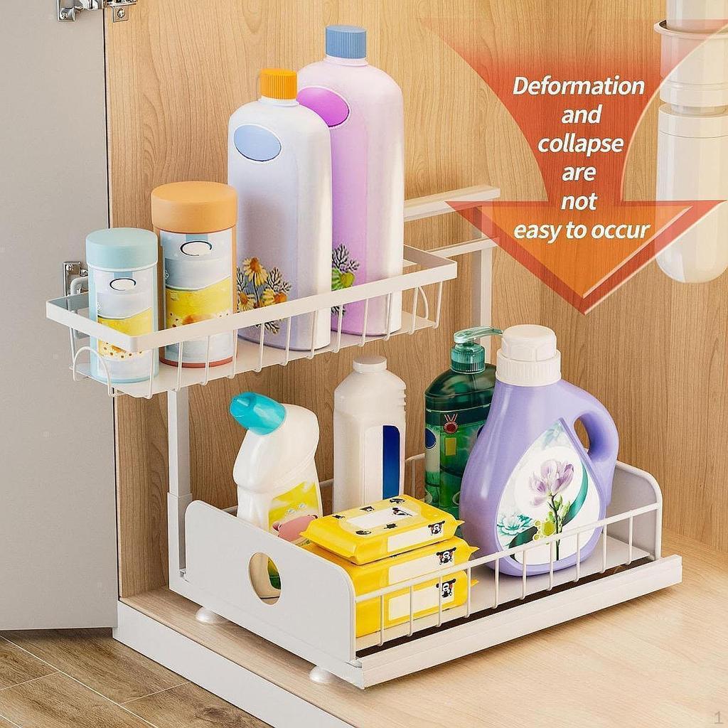 2 Tiers Under Sink Storage Rack Iron Cabinet Inside Pull Out for Dorm Office White