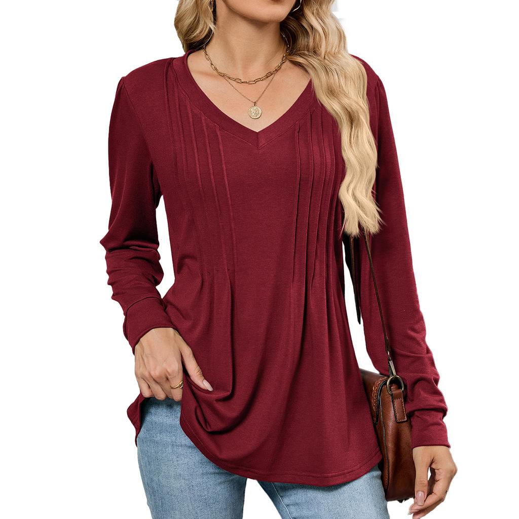 New Solid-color V-neck Loose Long-sleeved T-shirt Top for Women In Autumn and Winter
