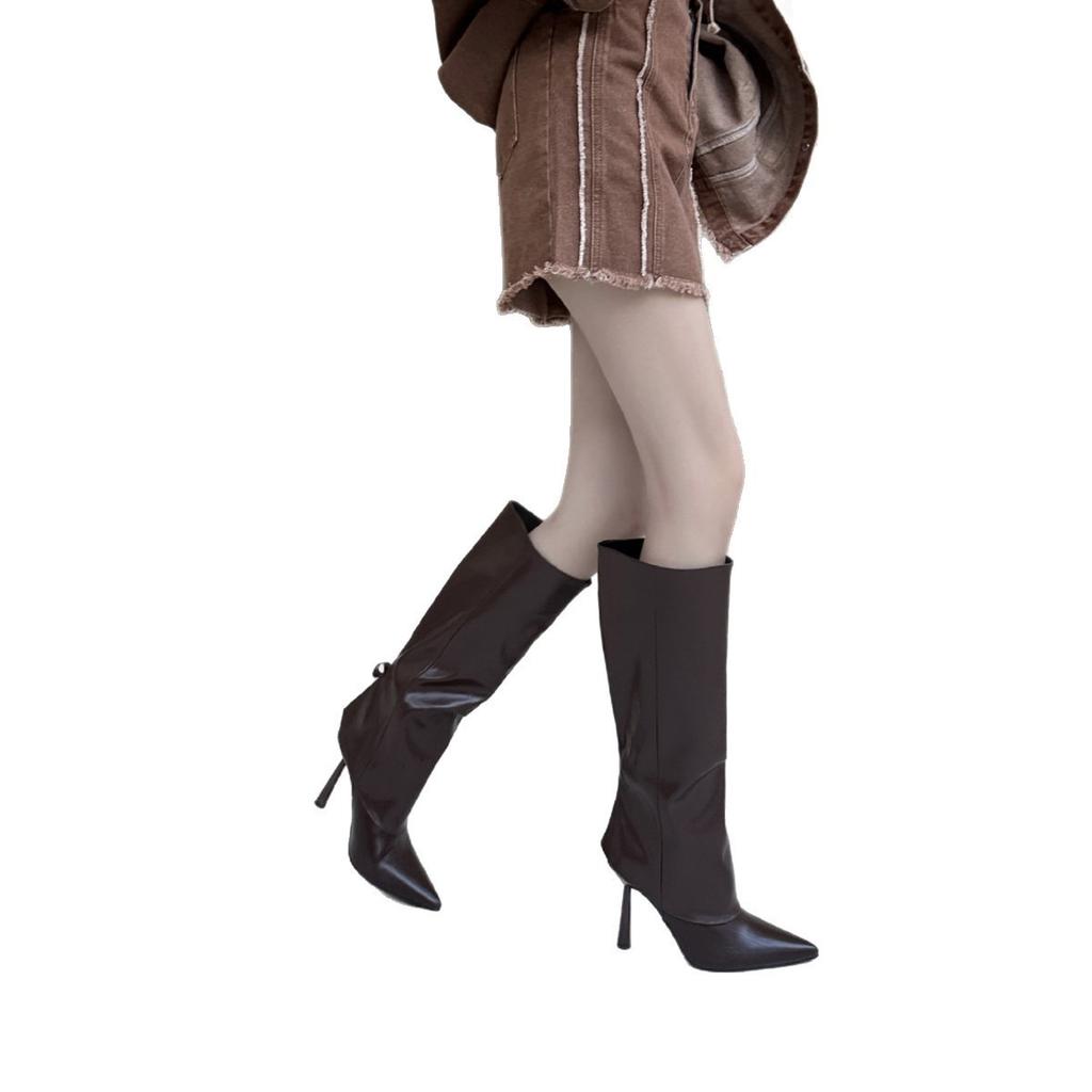 Autumn and winter 2025 new pointed brown fashionable retro design sense niche but knee knight boots pant tube boots