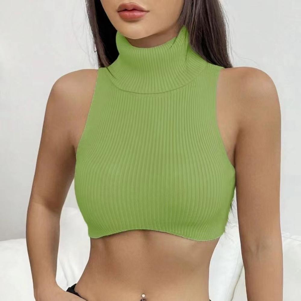 Sleeveless Design Sleeveless Corset Knit Fabric Turtleneck Crop Top Sexy Sexy Slim Vest  For Women