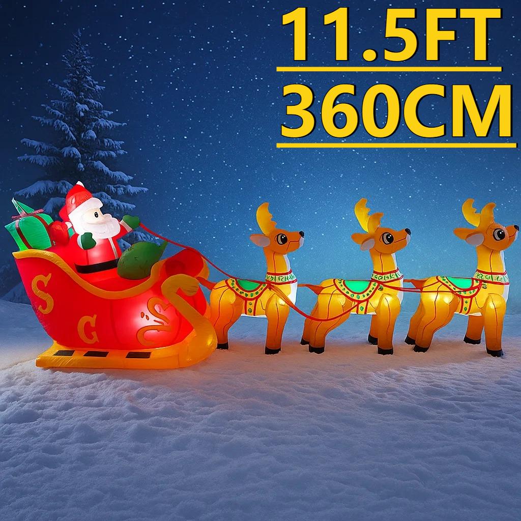 11.8FT LED Inflatable Christmas Yard Decora Santa Sleigh 3 Reindeer Xmas Toy Christmas Supplies Home Ornament Gift Holiday Decor