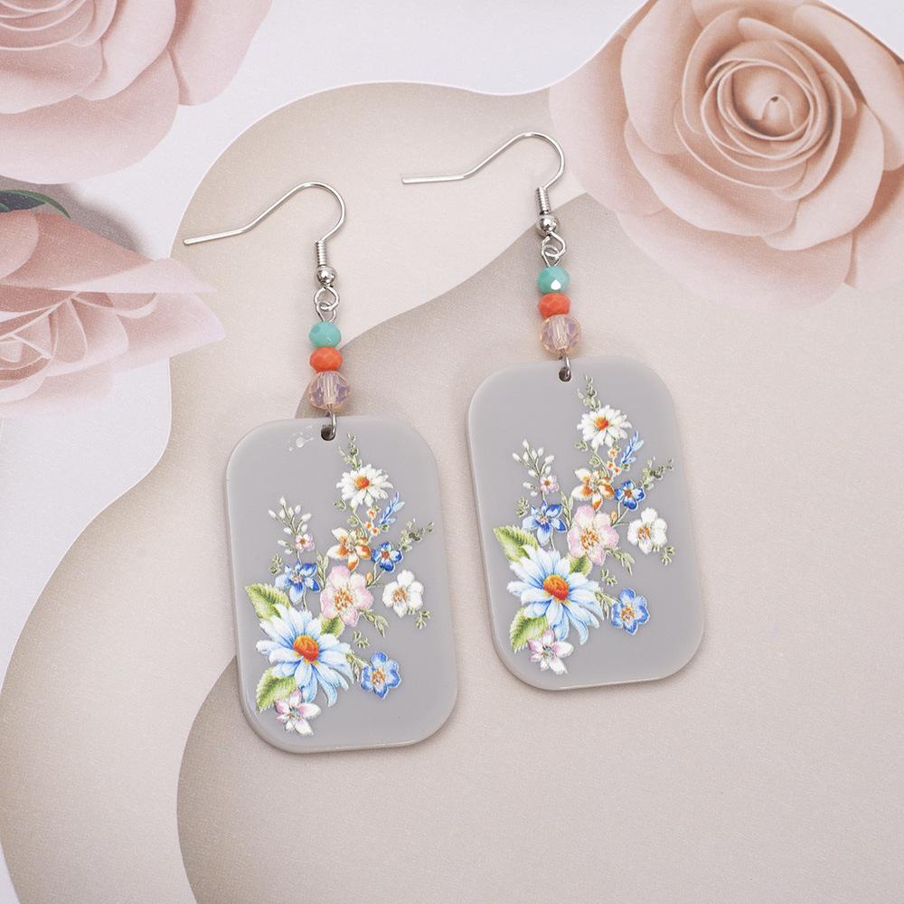 Light Gray Retro Geometric Flower Print Acrylic Earrings for Women