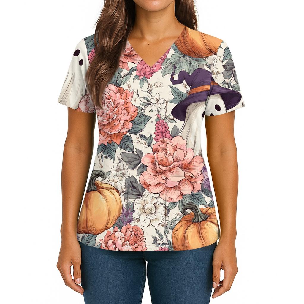 Women's Halloween Printed V-Neck Double Pocket Short Sleeves Hem Slit Uniform Caregiver Top
