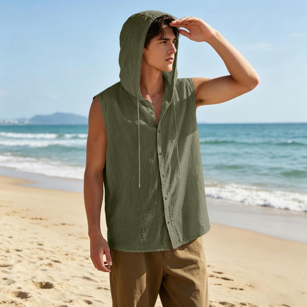 Mens Sleeveless Linen Hooded Shirt Button Down Breathable Relaxed Fit Casual Vest Top Lightweight Summer Apparel