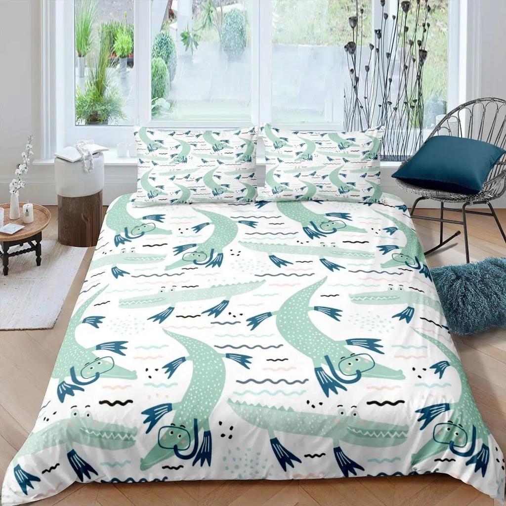 Gren Frog Crocodile Beding Soft Duvet Cover for Children Kids Young Boys Young Girls Pond Lotus Flowers Carton Lovely Animals Children Women Rom Decor