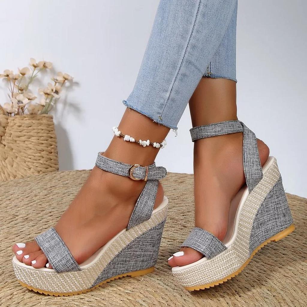 Sexy Peep Toe Platform Wedge Sandals Denim Broadband Ankle Buckle Strap High Heels Shoes Sandales Sandalias