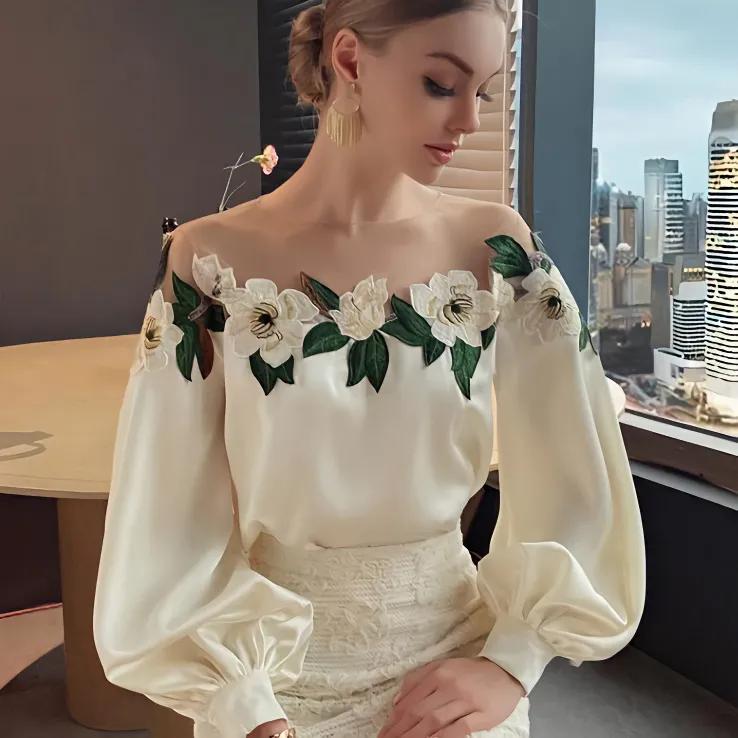 

WTEMPO Spring Summer Autumn Mesh Patchwork Satin Blouses Women s Elegant Embroidered O-neck Long Lantern Sleeve Tops XXL белый