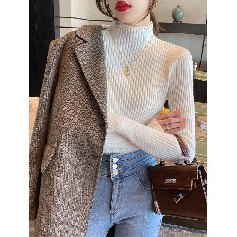 Women's White Knit Sweater: Half High Neck, Versatile Inner Wear for Autumn/Winter 2025