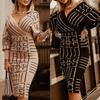 Damen Kleider mit tiefem V-Ausschnitt Retro Kleider Print Langarm Bodycon Kleid Übergröße