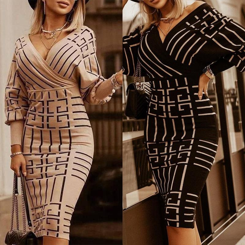 Womens Deep V Neck Dresses Retro Dresses Print Long Sleeve Bodycon Dress Plus Size