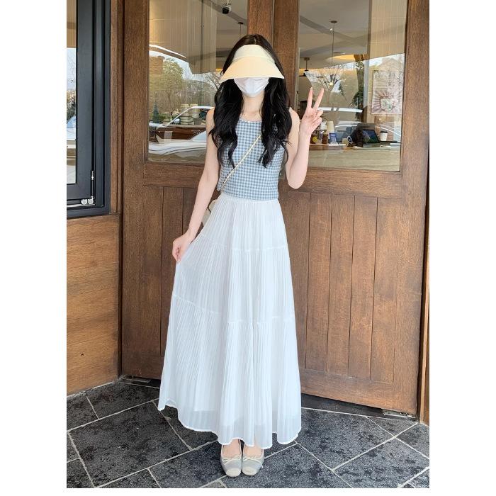 [Chiffon fabric + lined] Pink skirt women s new summer thin gentle long dress showing thin cake S белый