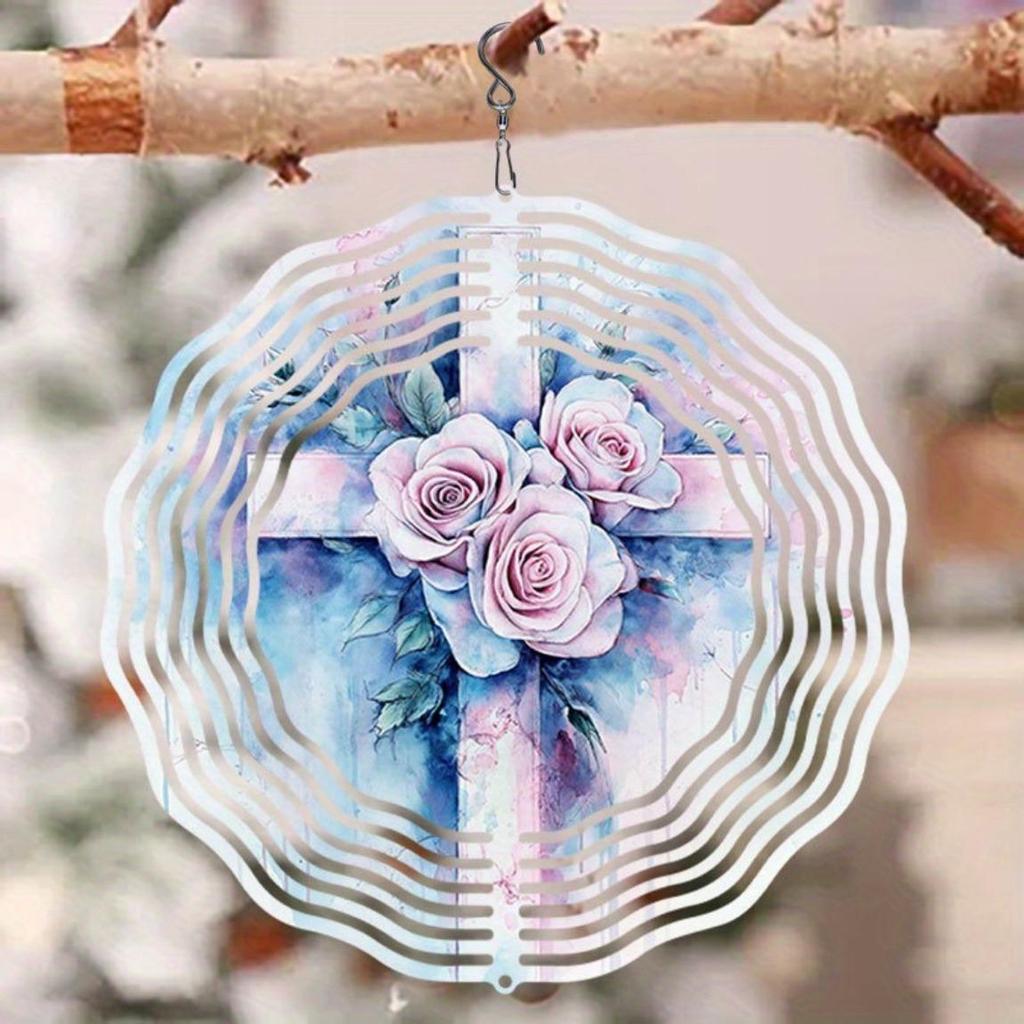 Metal Wind Spinner with 3D Rose Floral Cross Design Rotating Outdoor Garden Decor for Yard Patio Balcony